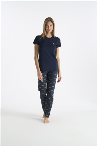 U.S. Polo Assn. 20214 Kadın Lacıvert Kısa Kollu Yarım Patlı Pijama Takımı