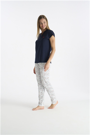 U.S. Polo Assn. 20235 Kadın Lacıvert Kısa Kollu Patlı Pijama Takımı