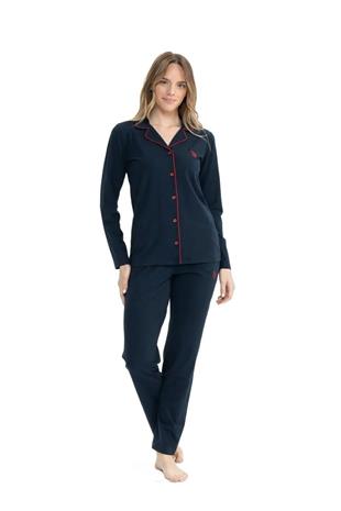 U.S. Polo Assn. 11000 Kadın Lacivert Uzun Kollu Önden Düğmeli Gömlek Pijama Takım