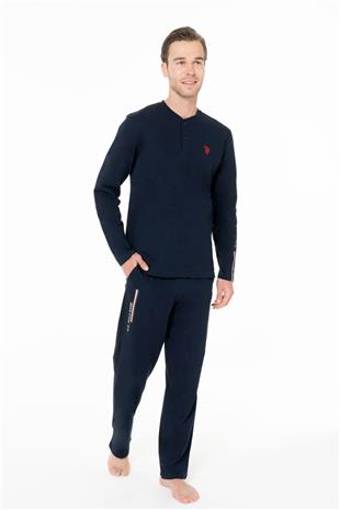 U.S. Polo Assn. 18959B Erkek Lacıvert Yuvarlak Yaka Patlı Uzun Kollu Pijama Takımı