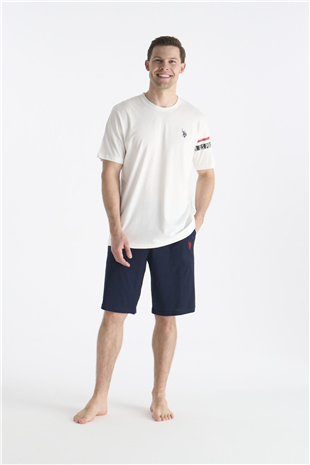 U.S. Polo Assn. 19001 Erkek Ekru Kısa Kollu Yuvarlak Yaka Şort Takımı