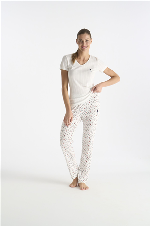 U.S. Polo Assn. 20275 Kadın Ekru Kısa Kollu V Yaka Pijama Takımı