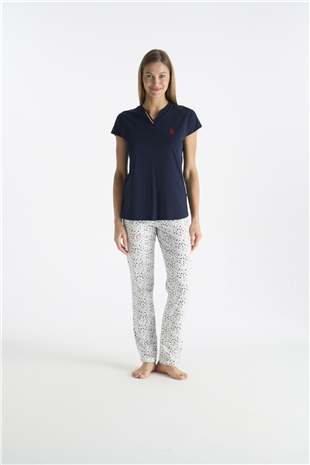 U.S. Polo Assn. 20235 Kadın Lacıvert Kısa Kollu Patlı Pijama Takımı