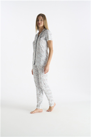 U.S. Polo Assn. 20237 Kadın Ekru Kısa Kollu Gömlek Yaka Önden Düğmeli Pijama Takımı
