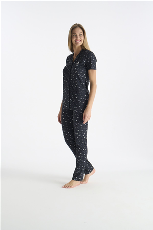 U.S. Polo Assn. 20233 Kadın Lacıvert Kısa Kollu Gömlek Yaka Önden Düğmeli Pijama Takımı