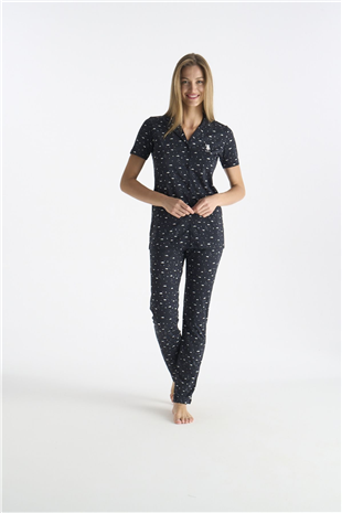 U.S. Polo Assn. 20233 Kadın Lacıvert Kısa Kollu Gömlek Yaka Önden Düğmeli Pijama Takımı