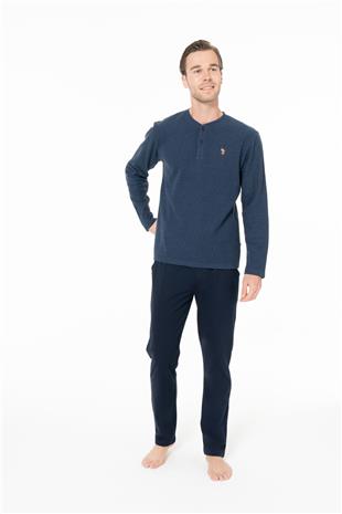 U.S. Polo Assn. 18966 Erkek Indıgo Yuvarlak Yaka Patlı Uzun Kollu Pijama Takımı
