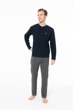U.S. Polo Assn. 18966 Erkek Lacıvert Yuvarlak Yaka Patlı Uzun Kollu Pijama Takımı