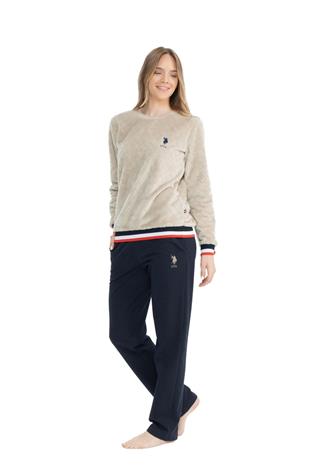 U.S. Polo Assn. 17079 Kadın Bej Uzun Kollu Yuvarlak Yaka Pijama Takım