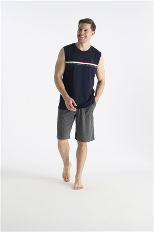 U.S. Polo Assn. 19020 Erkek Lacıvert Sıfır Kollu Yuvarlak Yaka Şort Takımı