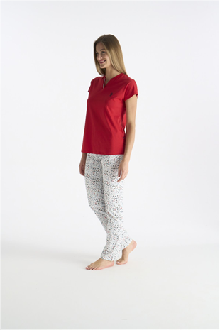 U.S. Polo Assn. 20235 Kadın Kırmızı Kısa Kollu Patlı Pijama Takımı