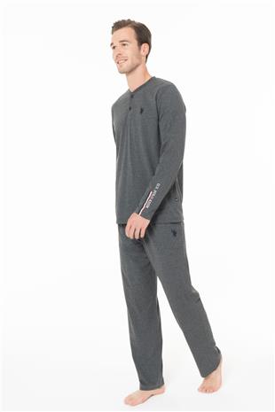 U.S. Polo Assn. 18959B Erkek Antrasıt Melanj Yuvarlak Yaka Patlı Uzun Kollu Pijama Takımı