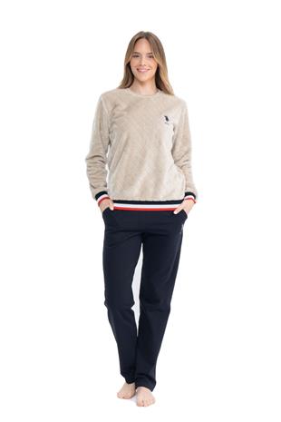 U.S. Polo Assn. 17079 Kadın Bej Uzun Kollu Yuvarlak Yaka Pijama Takım
