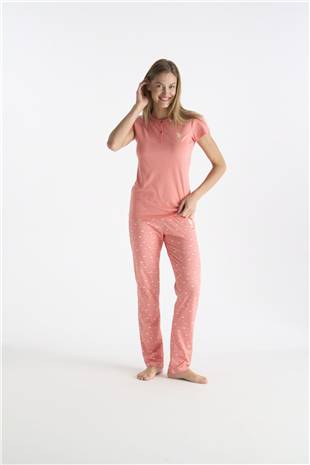 U.S. Polo Assn. 20231 Kadın Somon Kısa Kollu Yarım Patlı Pijama Takımı
