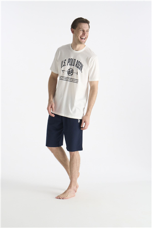 U.S. Polo Assn. 19018 Erkek Ekru Kısa Kollu Yuvarlak Yaka Şort Takımı