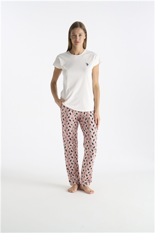 U.S. Polo Assn. 20248 Kadın Ekru Kısa Kollu Yuvarlak Yaka Pijama Takımı
