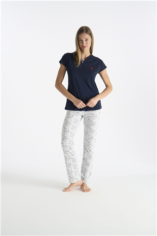 U.S. Polo Assn. 20235 Kadın Lacıvert Kısa Kollu Patlı Pijama Takımı