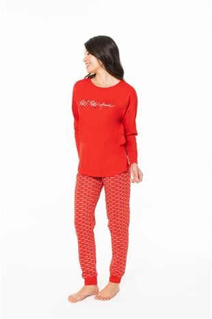 U.S. Polo Assn. 20147 Kadın Kırmızı Yuvarlak Yaka Uzun Kollu Pijama Takımı