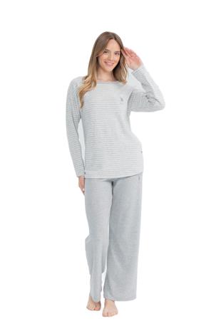 U.S. Polo Assn. 17083 Kadın Gri Melanj Uzun Kollu Yuvarlak Yaka Pijama Takım