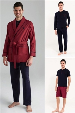 U.S. Polo Assn. 12000 Erkek Bordo Sabahlık Pijama Şort 5li Set Takım