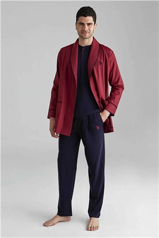 U.S. Polo Assn. 12000 Erkek Bordo Sabahlık Pijama Şort 5li Set Takım