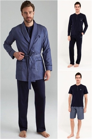 U.S. Polo Assn. 12000 Erkek Lacivert Sabahlık Pijama Şort 5li Set Takım