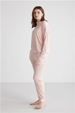 U.S. Polo Assn. 16949 Kadın Pembe Yuvarlak Yaka Uzun Kollu Pijama Takımı