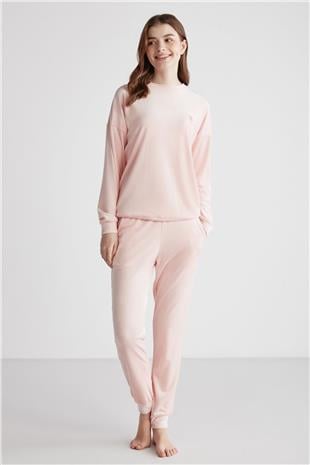 U.S. Polo Assn. 16949 Kadın Pembe Yuvarlak Yaka Uzun Kollu Pijama Takımı