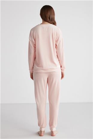 U.S. Polo Assn. 16949 Kadın Pembe Yuvarlak Yaka Uzun Kollu Pijama Takımı