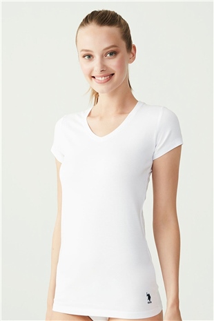 U.S. Polo Assn. 66004 Kadın Beyaz Kısa Kollu V-Yaka T-Shirt
