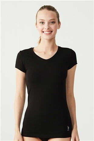 U.S. Polo Assn. 66004 Kadın Siyah Kısa Kollu V-Yaka T-Shirt