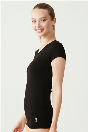 U.S. Polo Assn. 66004 Kadın Siyah Kısa Kollu V-Yaka T-Shirt