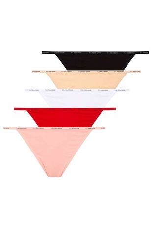 U.S. Polo Assn. 67000 Kadın Siyah-Ten-Beyaz-Somon-Kırmızı 5li Tanga Slip