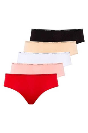 U.S. Polo Assn. 67002 Kadın Siyah-Ten-Beyaz-Somon-Kırmızı 5li Yüksek Bel Slip