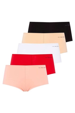 U.S. Polo Assn. 67004 Kadın Siyah-Ten-Beyaz-Somon-Kırmızı 5li Kıl Lastikli Şort Boxer