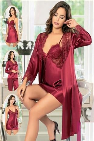 Xses 1001 Kadın Bordo Çeyizlik Saten 6Lı Takım