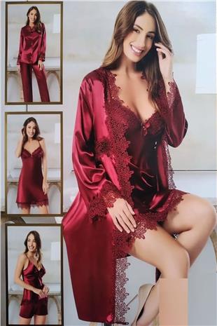 Xses 1002 Kadın Bordo Çeyizlik Saten 6Lı Takım
