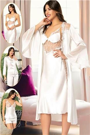 Xses 1005 Kadın Ekru Çeyizlik Dantelli Saten 6 Lı Takım