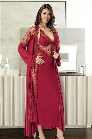 Xses 1019 Kadın Bordo Çeyizlik Dantelli Saten Sabahlıklı Gecelik Takım