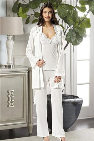 Xses 2030 Kadın Ekru Sabahlıklı Pijama Takım