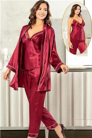 Xses 2101 Kadın Bordo Saten Sabahlıklı Pijama Takım