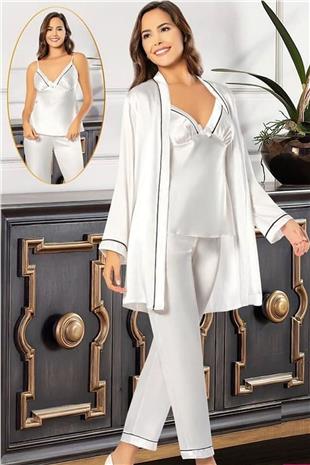 Xses 2101 Kadın Ekru Saten Sabahlıklı Pijama Takım