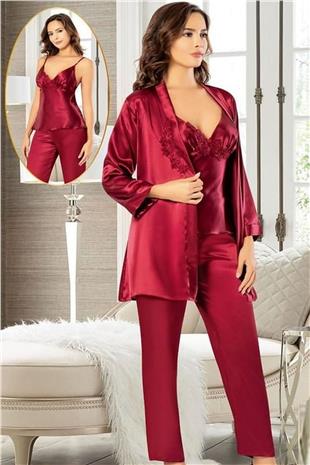 Xses 2103 Kadın Bordo Saten Sabahlıklı Pijama Takım