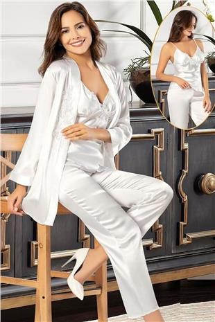 Xses 2103 Kadın Ekru Saten Sabahlıklı Pijama Takım