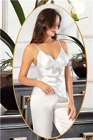 Xses 2103 Kadın Ekru Saten Sabahlıklı Pijama Takım