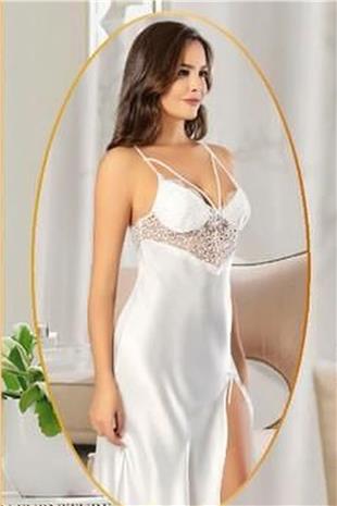 Xses 2104 Kadın Ekru Saten Sabahlıklı Gecelik Takım