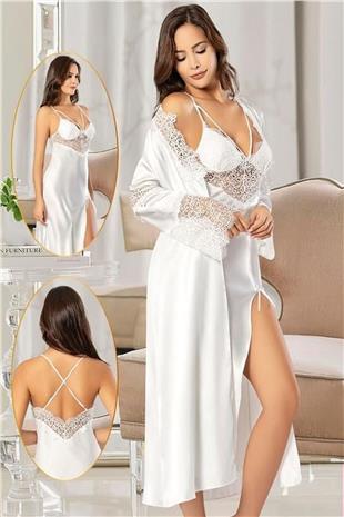 Xses 2104 Kadın Ekru Saten Sabahlıklı Gecelik Takım