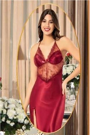 Xses 2110 Kadın Bordo Saten Sabahlıklı Gecelik Takım