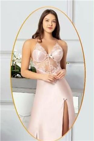 Xses 2110 Kadın Pudra Saten Sabahlıklı Gecelik Takım