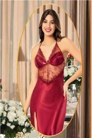 Xses 2110 Kadın Bordo Saten Sabahlıklı Dantelli Gecelik Takım
